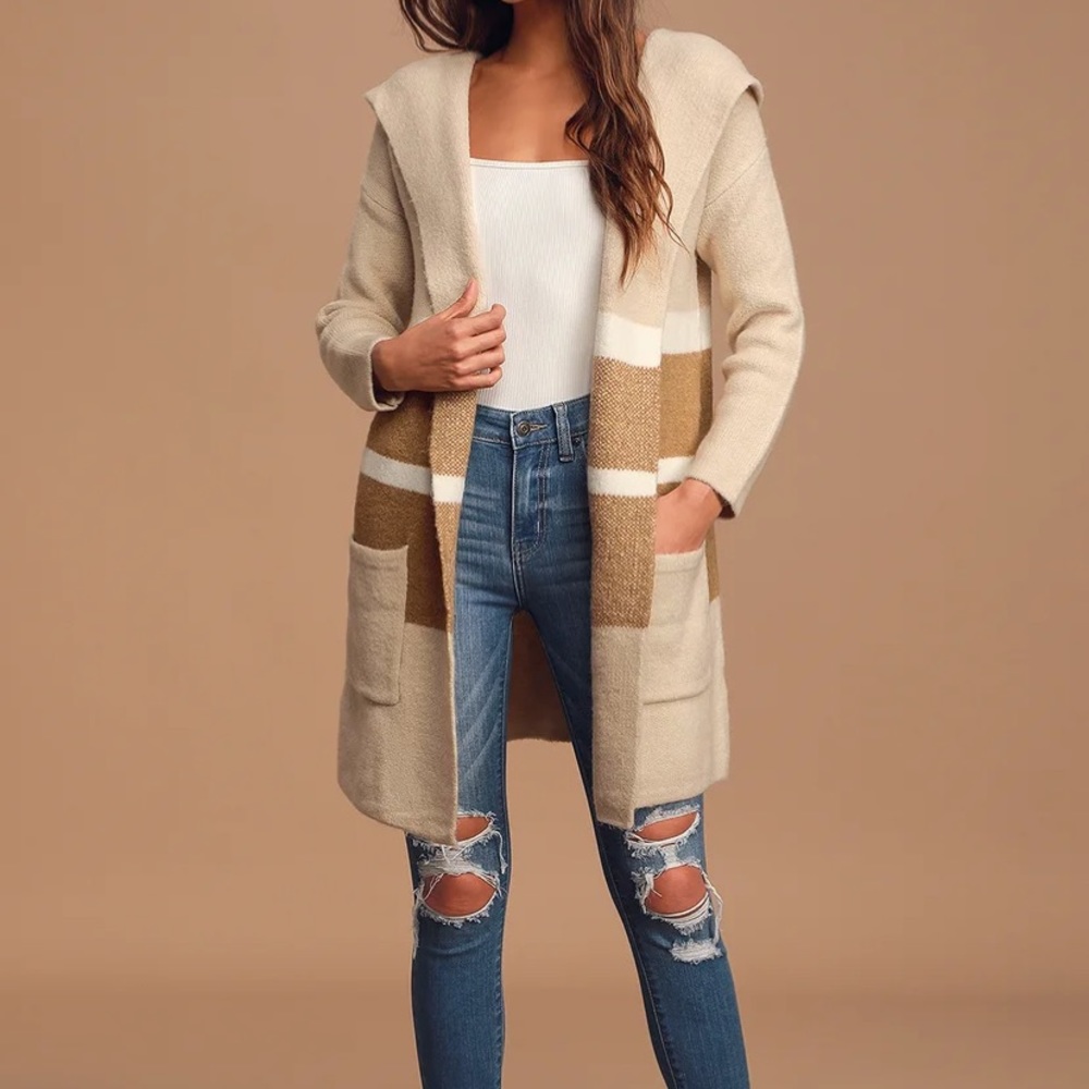 Lulus Carlsbad Tan and Beige Hooded Cardigan Sweater